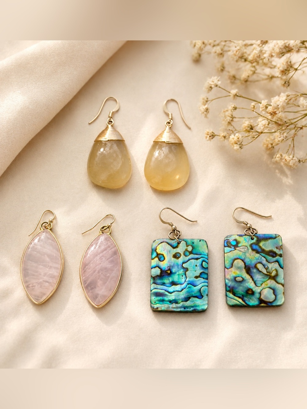 Set of 3 Natural Stone Drop Dangly Earrings Brown Pink Iridescent Gold Tone